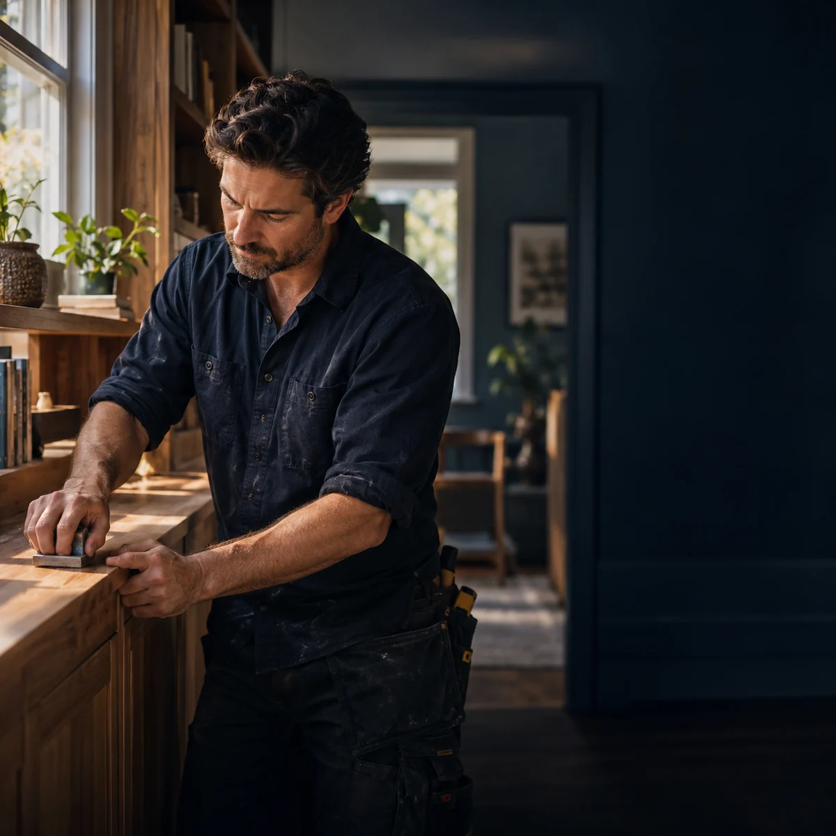 A small business owner focused on his craft in a home workshop
